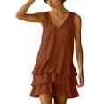 thumbnail image 6 of Women's Cotton Linen V Neck Sleeveless Mini Dress Babydoll Summer Cute Layered Ruffle Swing Tank Dress, 6 of 7