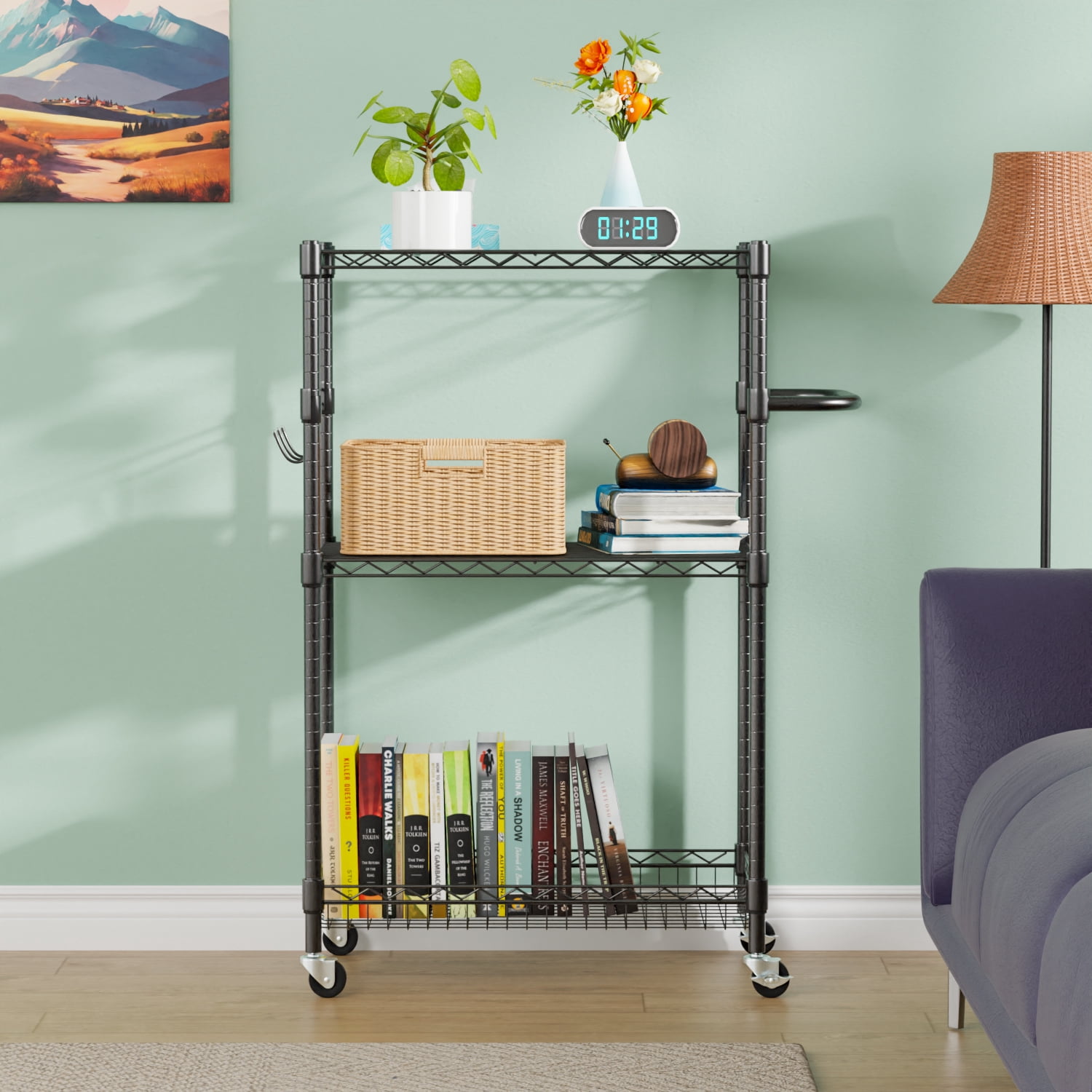 FDW 3-Tier Storage Wire Rack Metal Storage Shelf Heavy Duty Shelf With Wheels For Home,Black