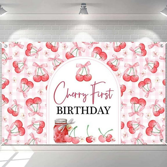 Cherry First Birthday Backdrop Pink Cherry Happy Birthday Photography Background Fruit Cherry Baby Shower 1st Birthday Party Decorations Banner Supplies Photo Booth Props 70.8x43.3 Inches