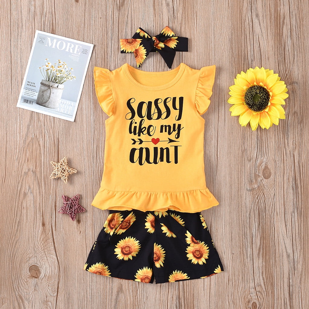 Aayomet Girls Tops Sunflower Outfits Print Toddler Ruffles Letter