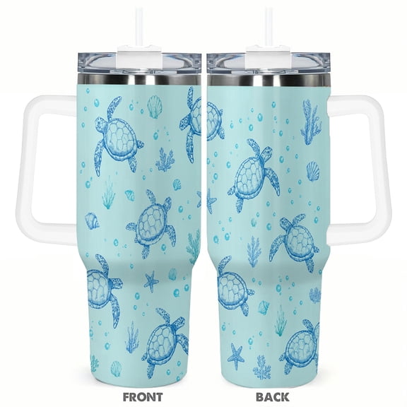 40oz Ocean Sea Turtle Travel Tumbler Insulated Car Cup with Handle and Straw Stainless Steel Coffee Cup Underwater Marine Life Gift