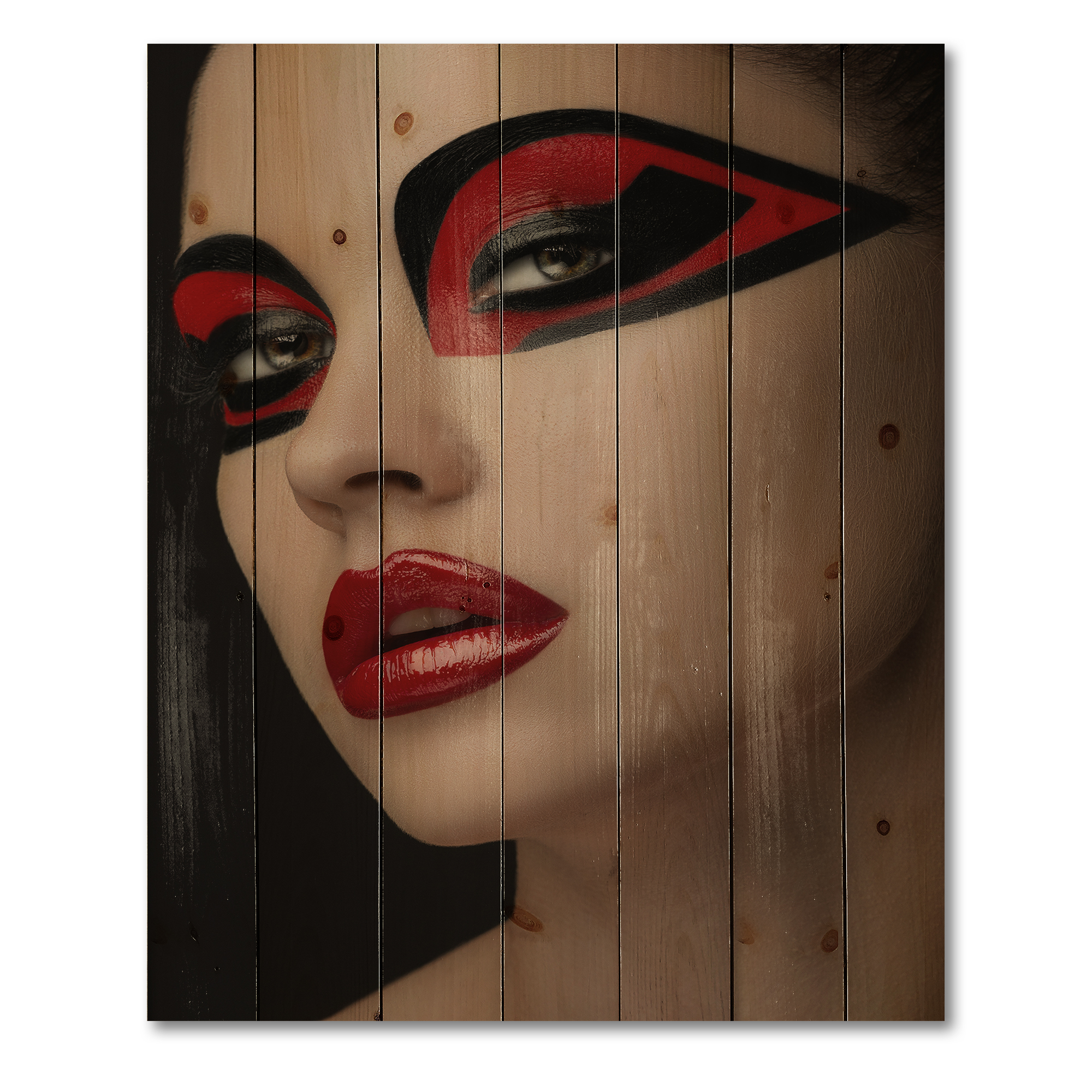 Designart 'Red Lips Black Makeup On The Eyes of Mask Girl' Modern Print on Natural Pine Wood