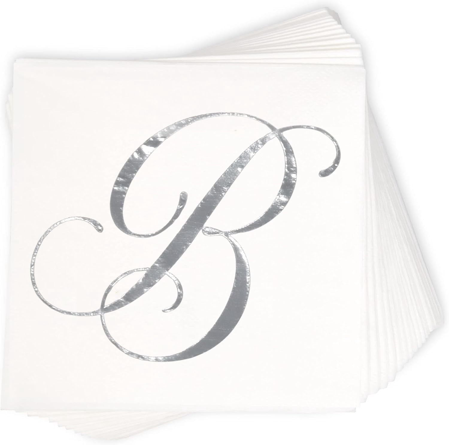 Gift Boutique 100 Silver Monogram Cocktail Napkins Letter B Disposable Paper Pack Elegant Metallic Silver Foil Hand Napkin for Powder Room Wedding Holiday Birthday Party Baby Shower Decorative Towels