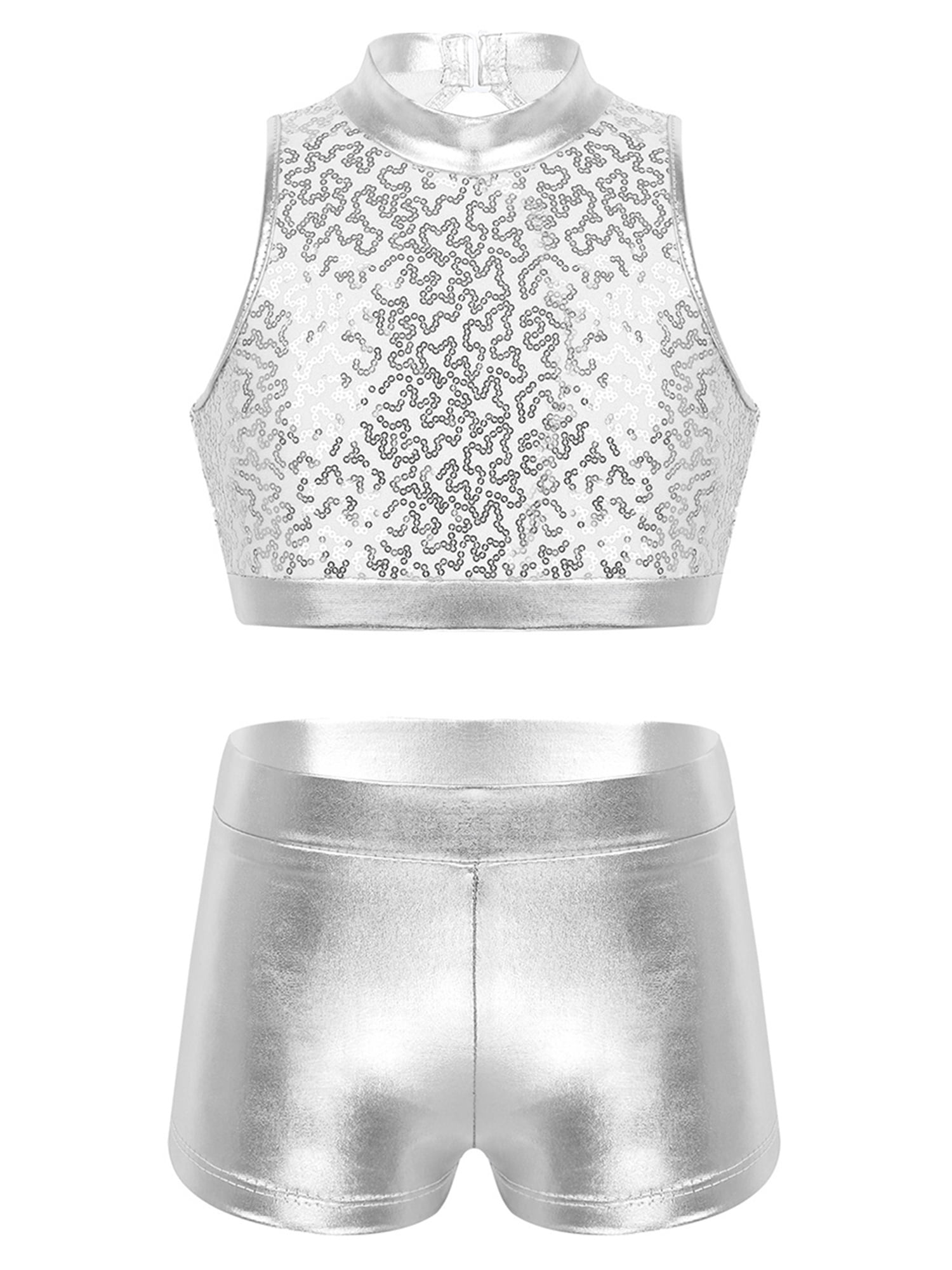 Girls Metallic Shiny Ballet Dance Crop Tops Leggings Set Costume Gym