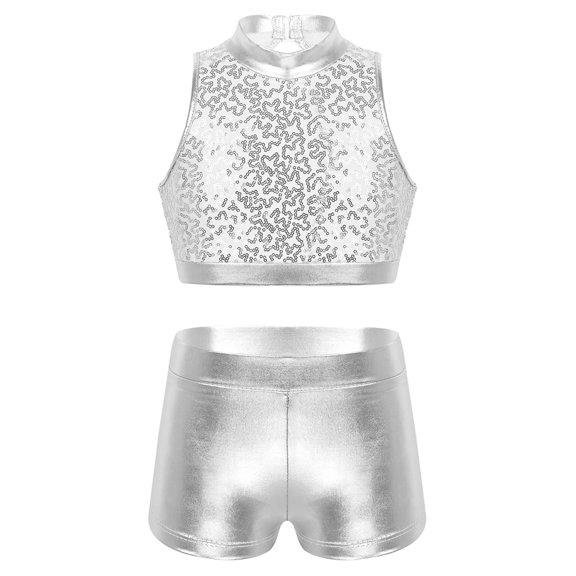 YEAHDOR Girls 2Pcs Dance Outfit Shiny Sequins Crop Top with Metallic Shorts Set Jazz Hip Hop Dancewear Silver 14