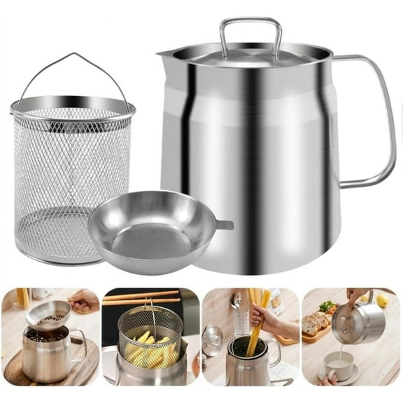 2L Stainless Steel Oil Filter Pot,Large Capacity Oil Strainer Pot with Strainer,Bacon Grease Container,Fine Mesh Filter,Deep Fryer Pot with Basket,for Kitchen and Camping