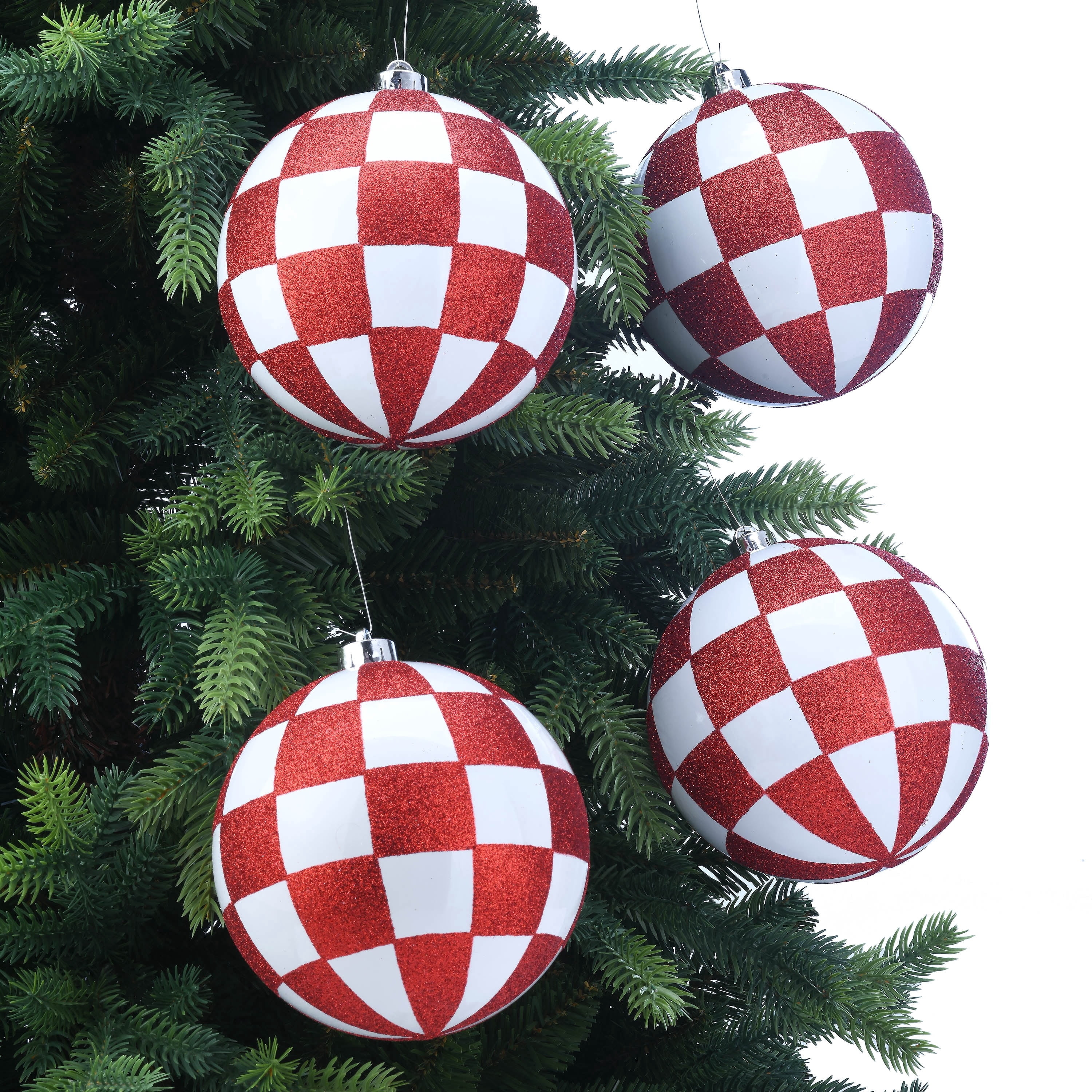 4-Count Red and White Checkered Ball Shatterproof Christmas Ornaments, 6.8", by Holiday Time
