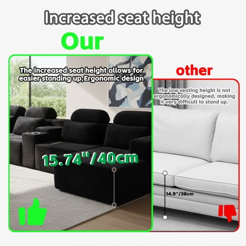 145.7 Inch Oversized U-Shaped Modular Sectional Sofa with Lounge Chaise, Cup Holders & Hidden Storage - Compression Sofa for Home Theater & Luxury Living Room, Black