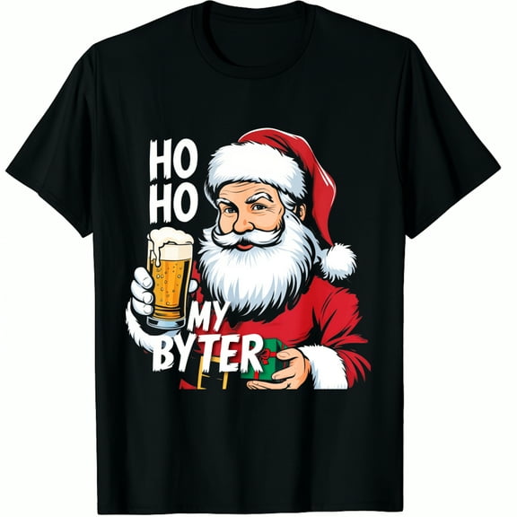 Christmas Santa Claus Ho My Byter Beer Gift Print Holiday Party Wear Black Funny Graphic T-Shirt for Men and Women
