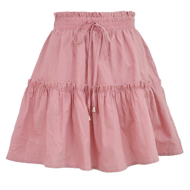 Women Summer Drawstring High Waist Mini Pleated Skater Skirt Solid Color Flared Ruffle Hem Loose Swing A-line Streetwear Yellow Xl