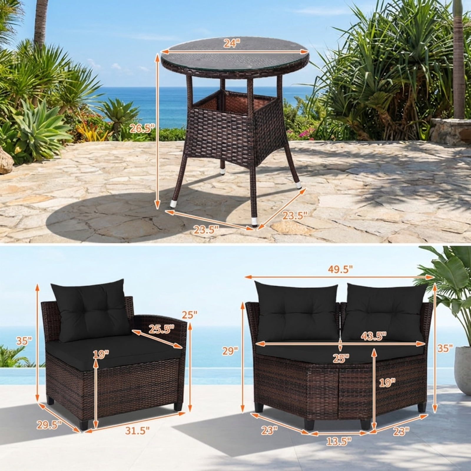 Furnibear 4 Pieces Outdoor Cushioned Rattan Furniture Set Patio Conversation Set with Loveseat Two Armchairs and Table for Backyard, Black