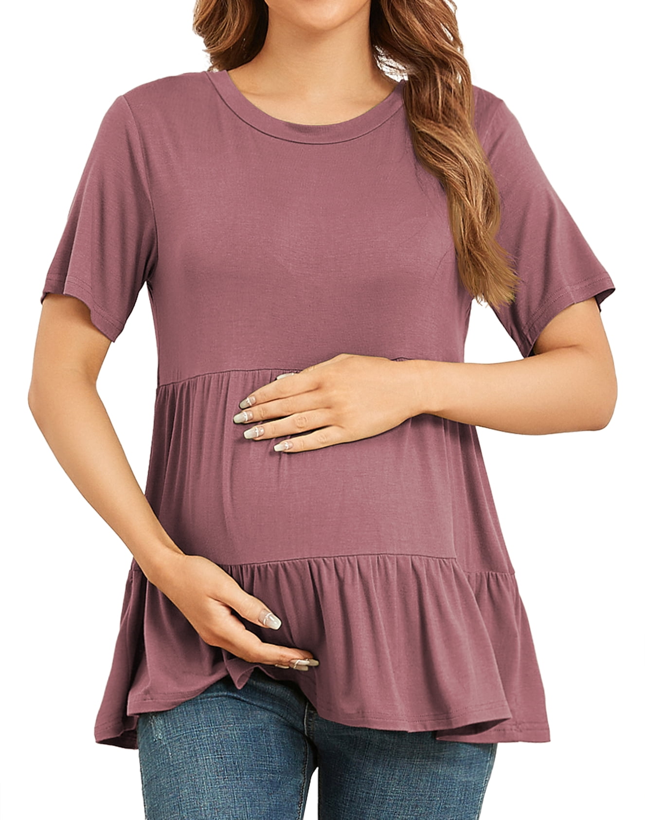 Xpenyo Women's Maternity Tunic Shirts Floral Tops Lace Bell Sleeve Pregnancy Shirt Tee