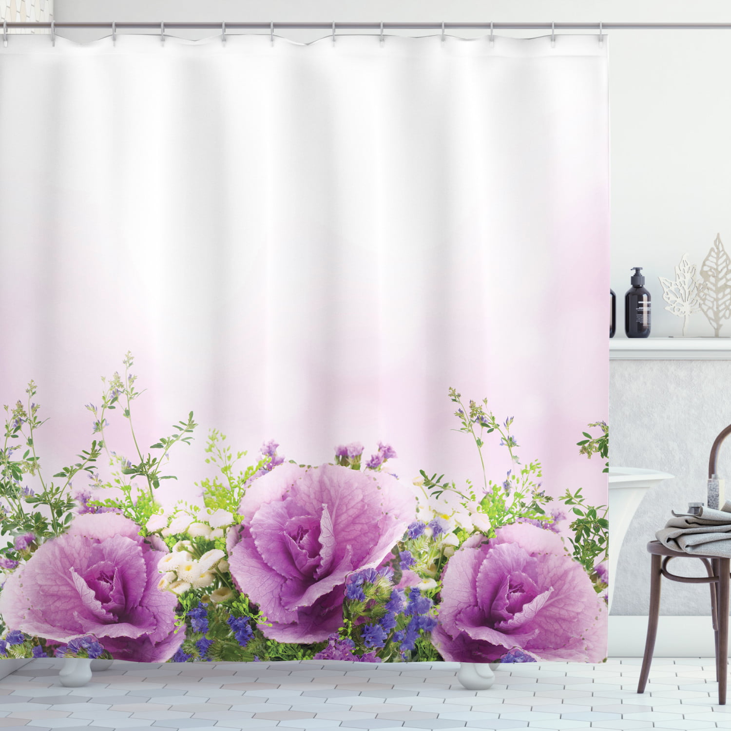 Pink Flowers Shower Curtain Butterflies Spa Home Spring Theme Zen Floral House 