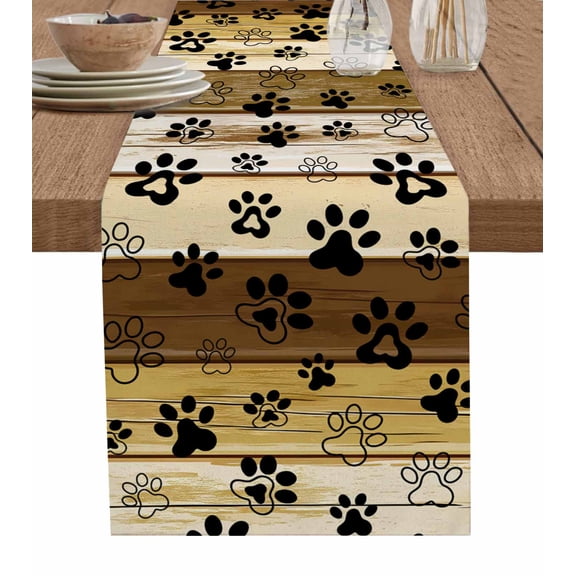 Yellow Brown Farmhouse Burlap Cotton Table Runner 13x70 Inches Long, Black Dog Paw Vintage Wooden Farmhouse Table Runners, Outdoor Dining Tablecloths Decor for Baby Shower/Party/Wedding