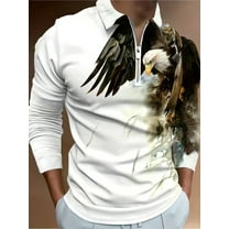 Men's Animal Printed 1/4 Zip Polo Shirts Long Sleeve Raglan T-Shirt Casual Tops Golf Shirt Regular Fit White eagle XXL