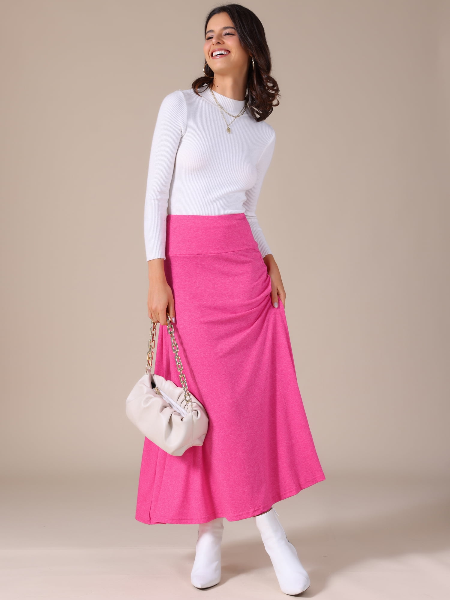 DARING DIVA Women's Foldable High Waist Flowy Flare Maxi Skirts L Rose Red