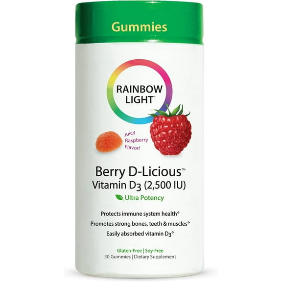 Vitamin D3 Supplement Gummies | Raspberry Flavor | 2500 IU | 50 Count | by Rainbow Light