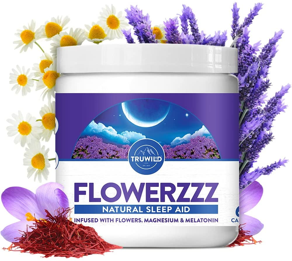 TRUWILD FlowerZZZ Natural Herbal Sleep Aid Infused w/ Calming Flowers – Melatonin Chamomile Lavender – Supports Healthy Sleep Cycle + Non-Habit Forming – Vegan Non-GMO Capsule Supplement – 30 Servings