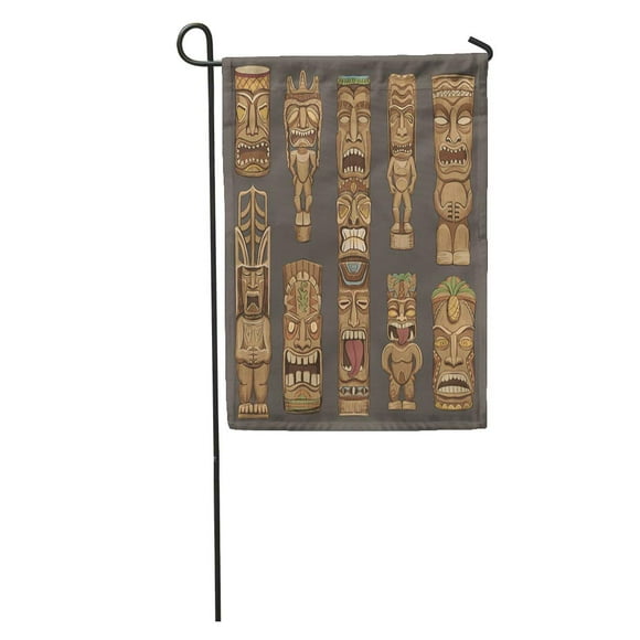 NUDECOR Brown Mask Collection of Wooden Tiki Idols Beautiful Color Totem Bar Luau Garden Flag Decorative Flag House Banner 28x40 inch