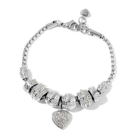- Stainless Steel Crystal Heart Charm Bracelet for Women Adjustable Link 7.5