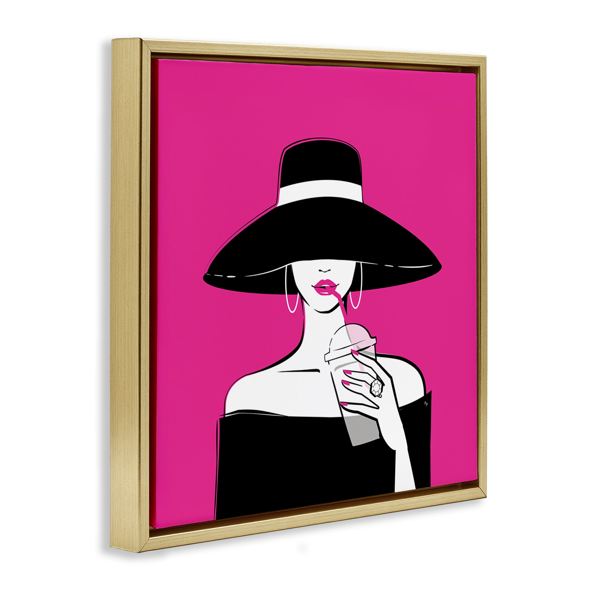 Stupell Industries Black Hat Glamourous Woman Gold Framed Floater Canvas Wall Art, design by Martina Pavlova