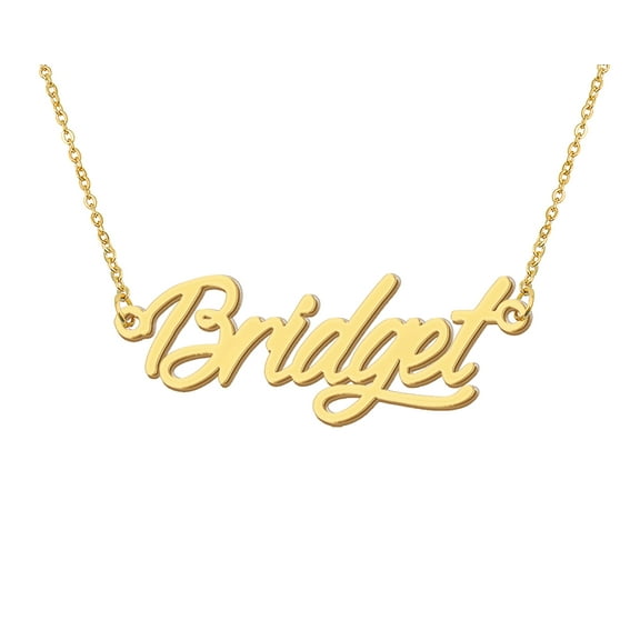HUAN XUN 18k Gold Plated Bridget Name Necklace Stainless Steel Nameplate Necklaces for Womens Mens Mother Day Christmas Jewelry Gift