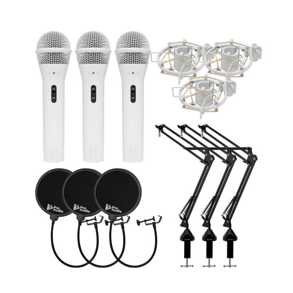 Samson Q2U Dynamic USB Microphone (White, 3-pack) Bundle with 3 x Shockmounts, 3 x Boom Arms and 3 x Pop Filters (12 items)