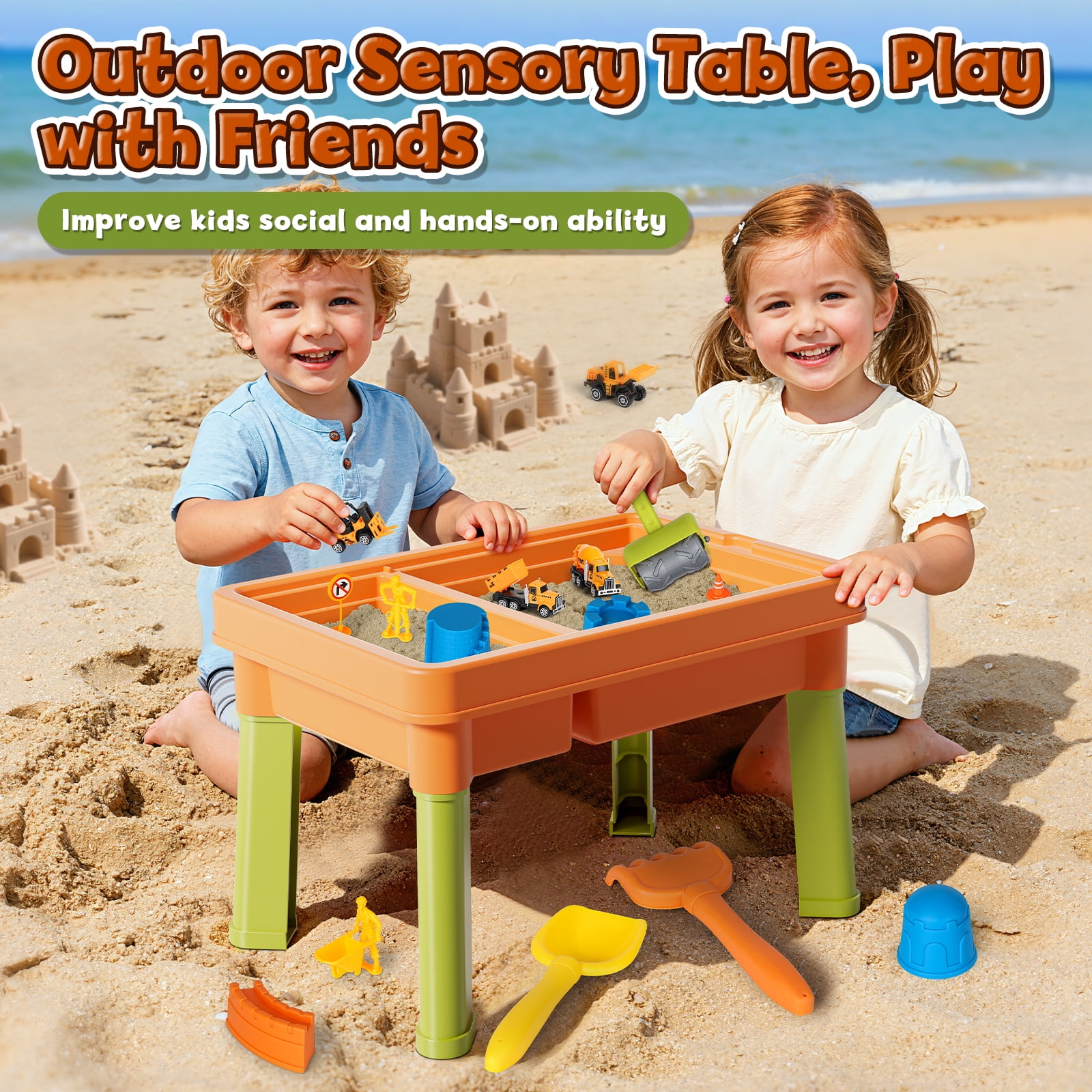 Sensory Table with Sands, Sand Table and Water Play Table Beach Toy for Kids, Indoor Outdoor Use, Sensory Toys for Toddler Age 3-5