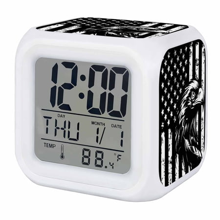 American Flag Digital Alarm Clock for Bedrooms, Smart LED Alarm Clock with 7 Color Changing Night Light, Black US Flag Eagle Silent Wake Up Clocks for Sleep Study Cooking 3.2x3.2