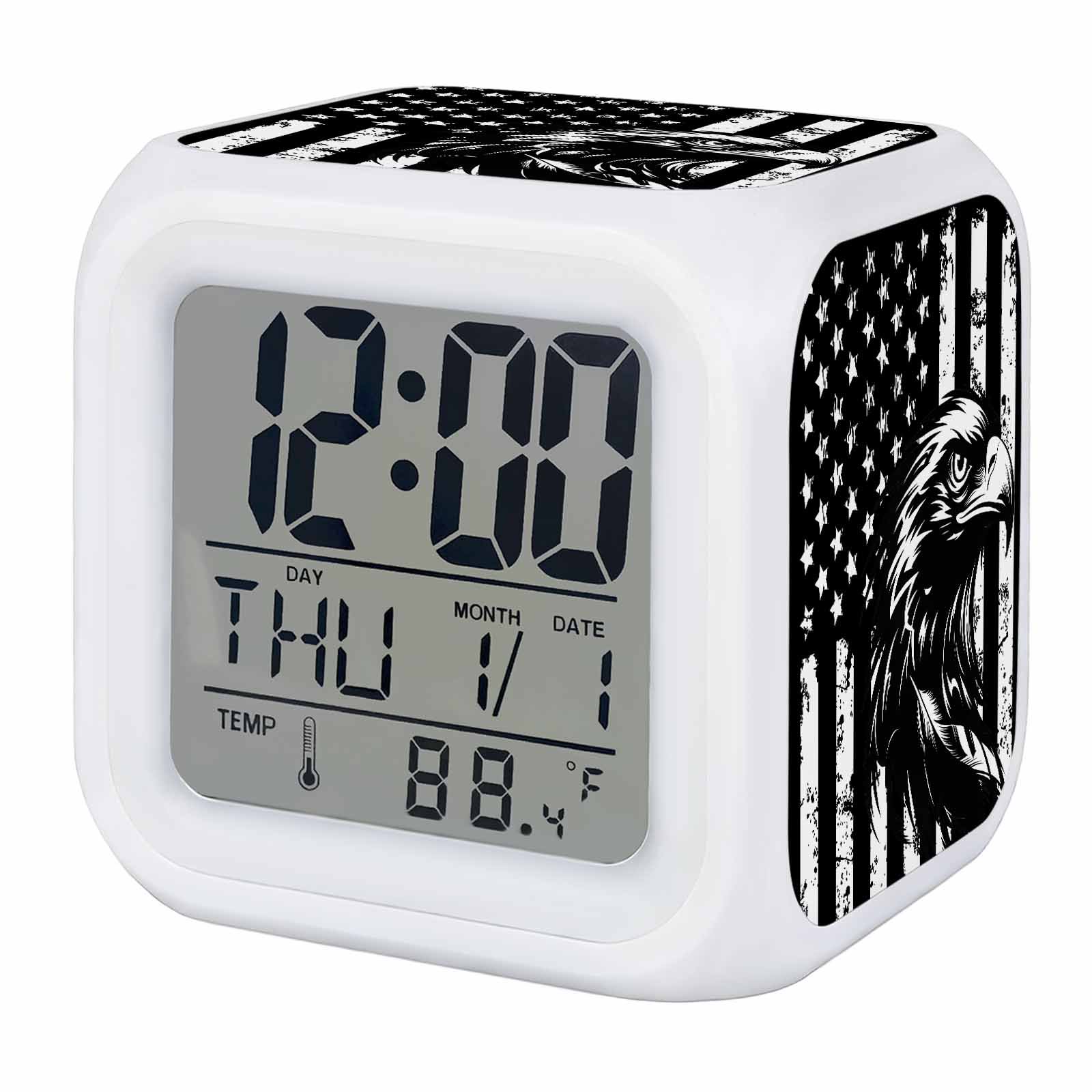 American Flag Digital Alarm Clock for Bedrooms, Smart LED Alarm Clock with 7 Color Changing Night Light, Black US Flag Eagle Silent Wake Up Clocks for Sleep Study Cooking 3.2x3.2