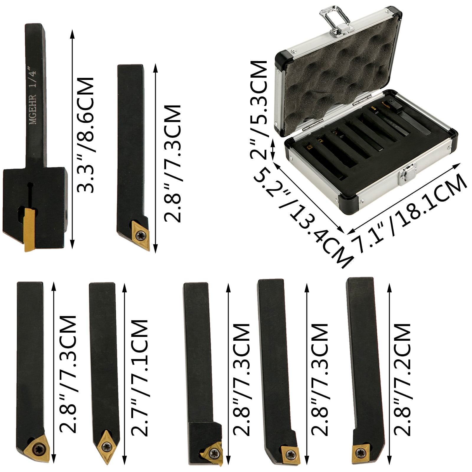 VEVOR Indexable Carbide Tools 1/4" Industrial Lathe Tools 7Pcs/Set Turning Tool Set Super-hard 40cr Mental Lathe Tools Inserts Carbide Tool Holder for Lathe in Black with Portable Case