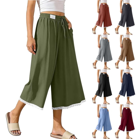 VBVC Women's High Waisted Cotton-Linen Capri Pants,Drawstring Lace Trim Casual Trousers,Lightweight Summer Wide Leg Pants with Pockets,Wine,S-2XL