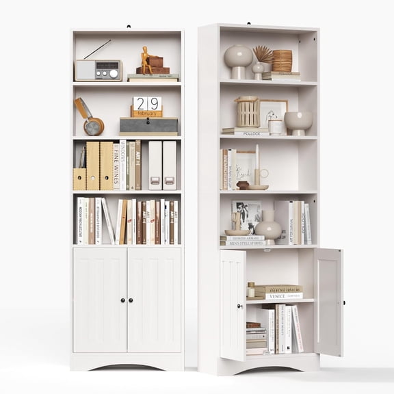 Gizoon Bookshelves and Bookcases with Doors, 6-Shelf Bookcase, Floor Standing Display Storage Shelves, 71” Tall Bookcase, with Adjustable Shelves, for Home, Office, Living Room, Bedroom, White