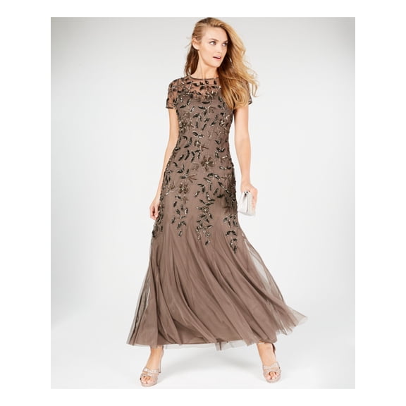 ADRIANNA PAPELL Womens Gray Sheer Embellished Lined Mermaid Godets Floral Short Sleeve Illusion Neckline Full-Length Evening Gown Dress 12