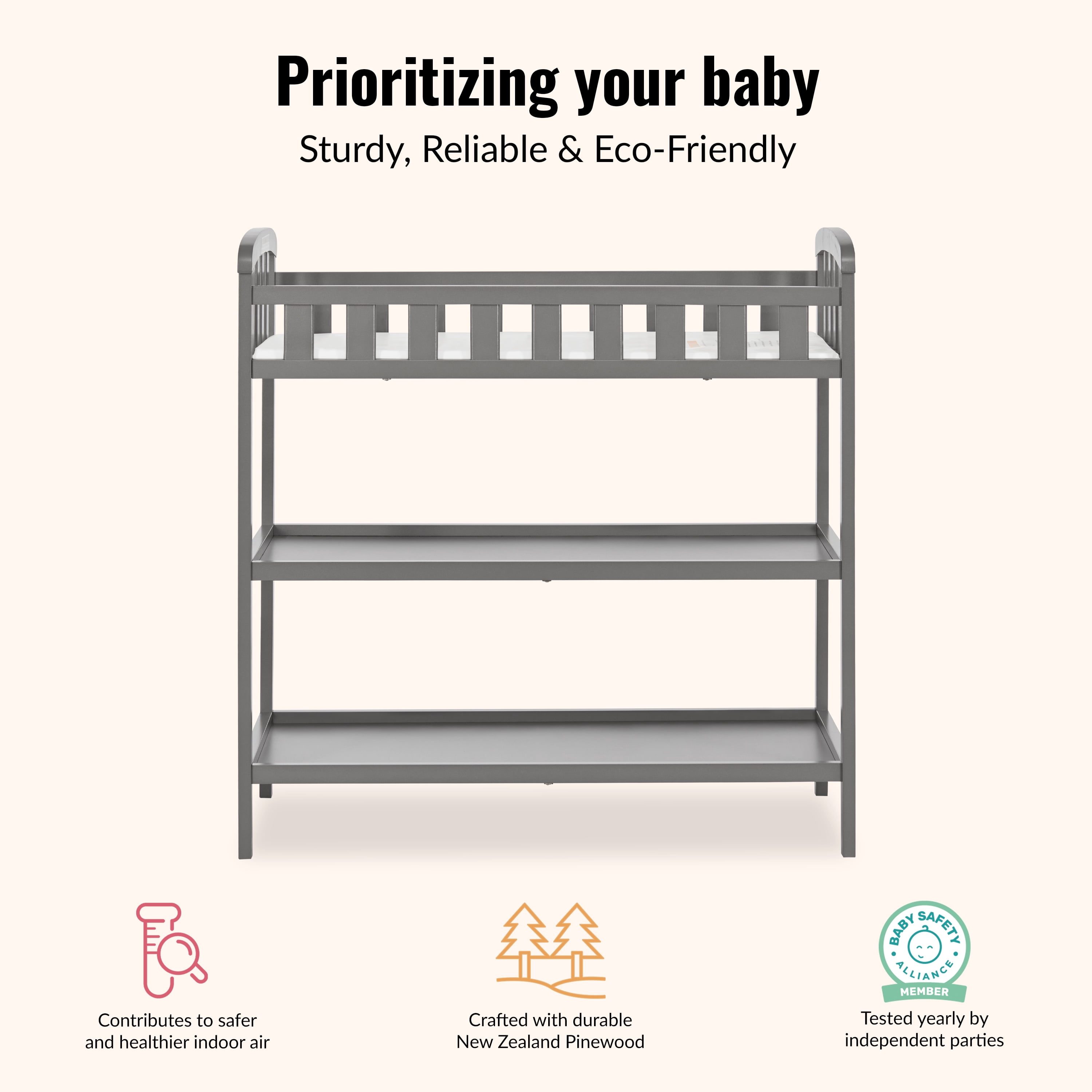 Dream On Me Emily Changing Table with Safety Rail for Infants, Steel Grey, Pine Wood