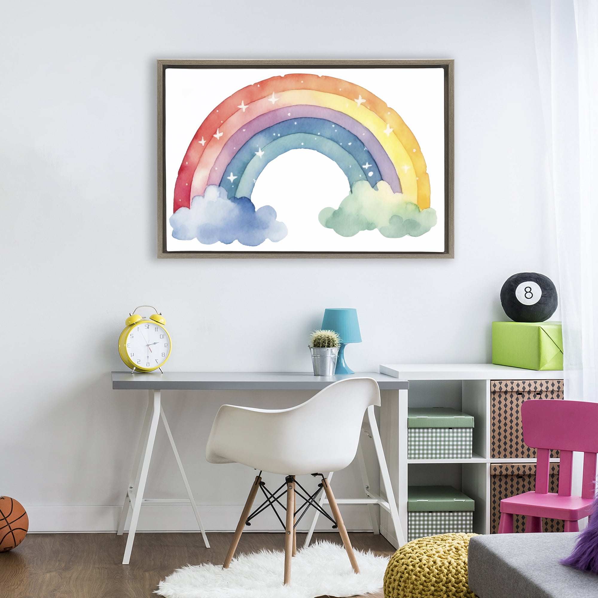 Stupell Industries Colorful Rainbow with White Stars Brown Framed Floater Canvas Wall Art, design by Creative Studio