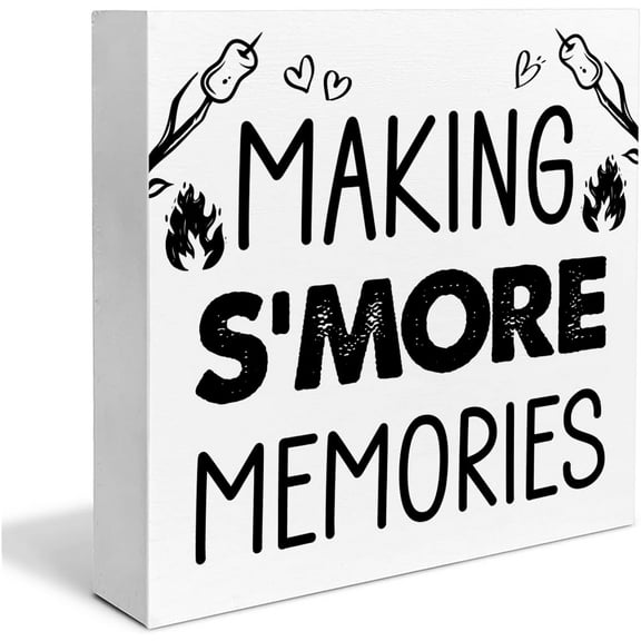 Camping Wooden Box Sign House Decor Country Smores Station Square Desk Decoration Camp Campfire Wood Block Plaque Box Sign for Shelf Home 5x5 Inches