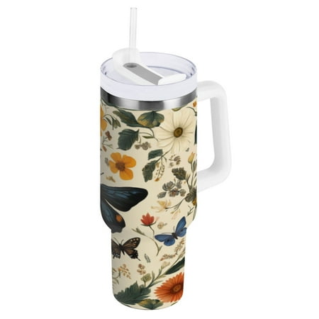 

40 Oz Car Handle Water Cup 10.8x3.85 Inch Stainless Steel Water Cup With Handle Water Cup Car Water Cup Travel Coffee Cup Butterflies and Flowers