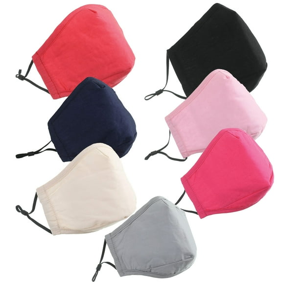7 Pack Multi Color Reusable Face Masks 3 Layer Cotton Fabric with Pocket for Filter, Nose Strip and Adjustable Ear Loops