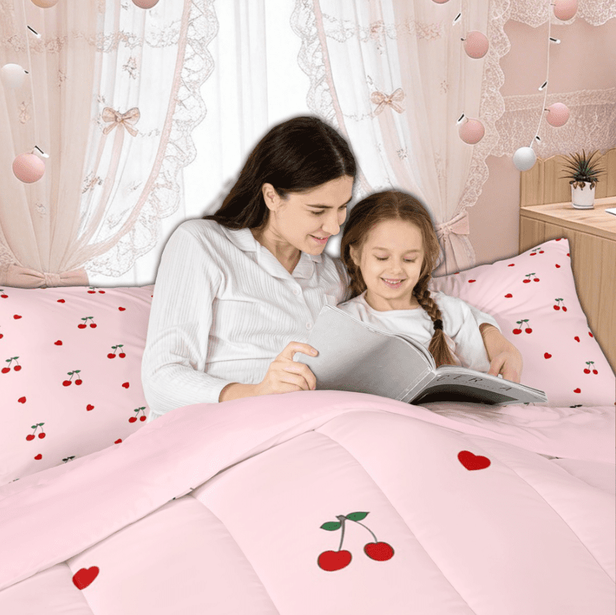 Manfei Girly Pink Cherry Bedding Comforter Set for Kids Girls, Kawaii Cute Cartoon Twin Comforter Sets,Pink Reversible, 2-Piece