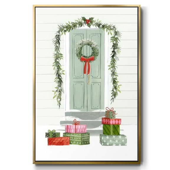 Festive Front Door Collection B - Framed Gallery Wrapped Holiday Canvas - 17 x 25 - Gold Frame