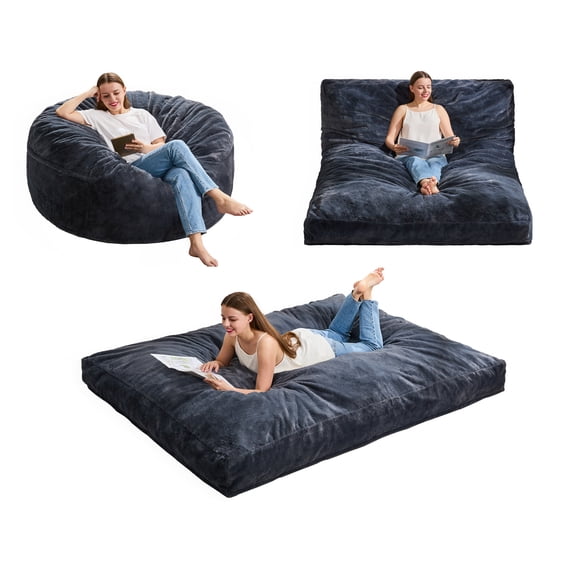Hobestluk Bean Bag Chair Convertible Beanbag Chairs for Adults, 3 in 1 Bean Bag with Plush Faux Fur Cover, Adult Bean Bag Chair for Living Room, Bedroom (Grey, Full)