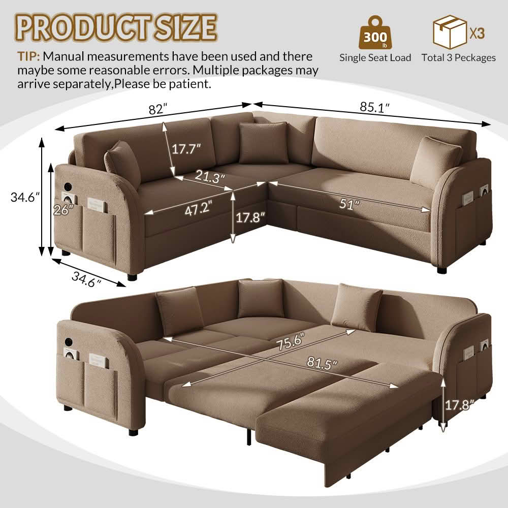 MAYEERTY 85.1" L‑Shaped Convertible Sleeper Sofa Bed, Sherpa Fleece Sectional Couch with Pull‑Out Bed, Side Pocket and USB Port