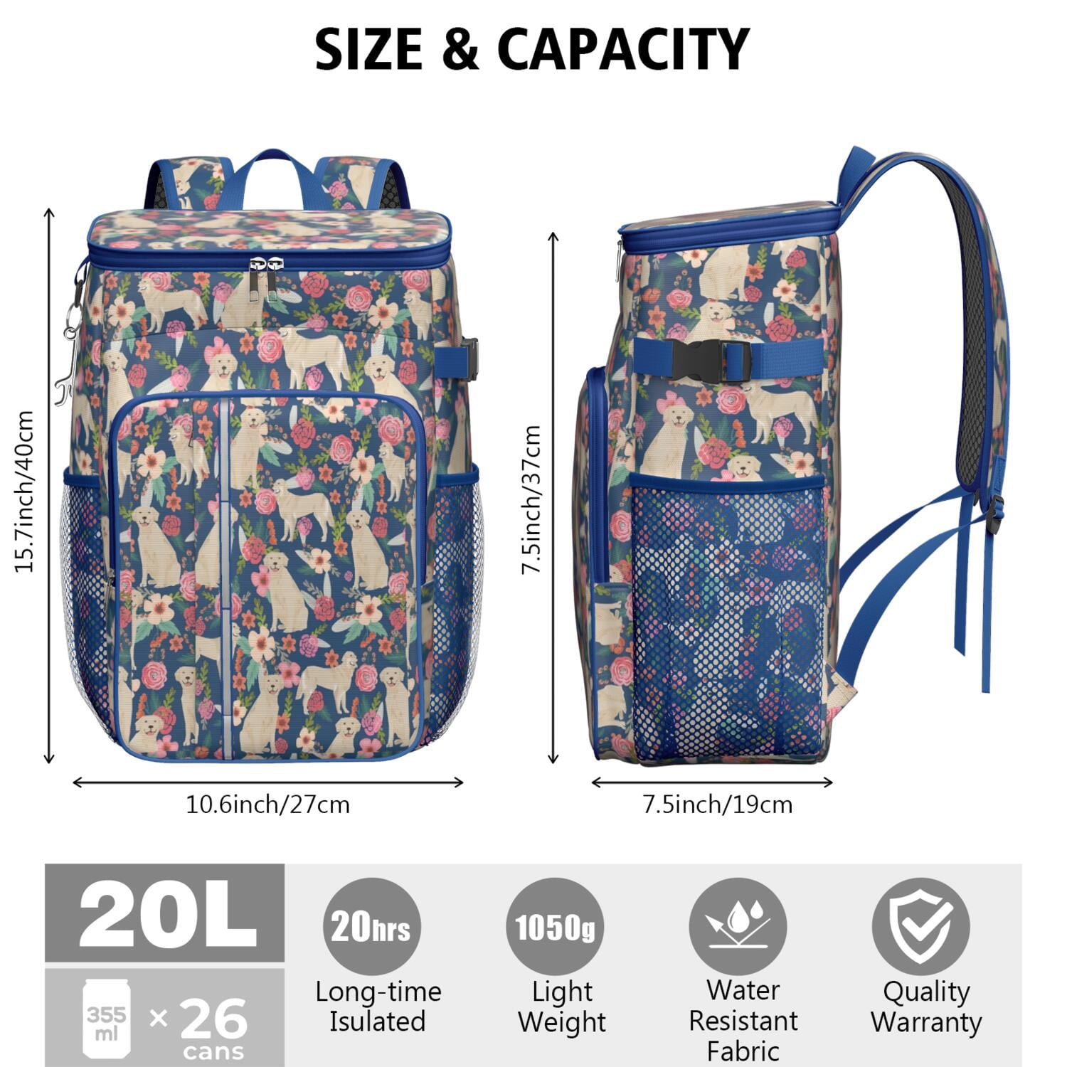 Travel Cooler Bag - Golden Retriever Dog and Flower Camping Beer Cooler Backpack with Bottle Opener- Waterproof Insulated Picnic Backpacks - Cooler Bag for Beach