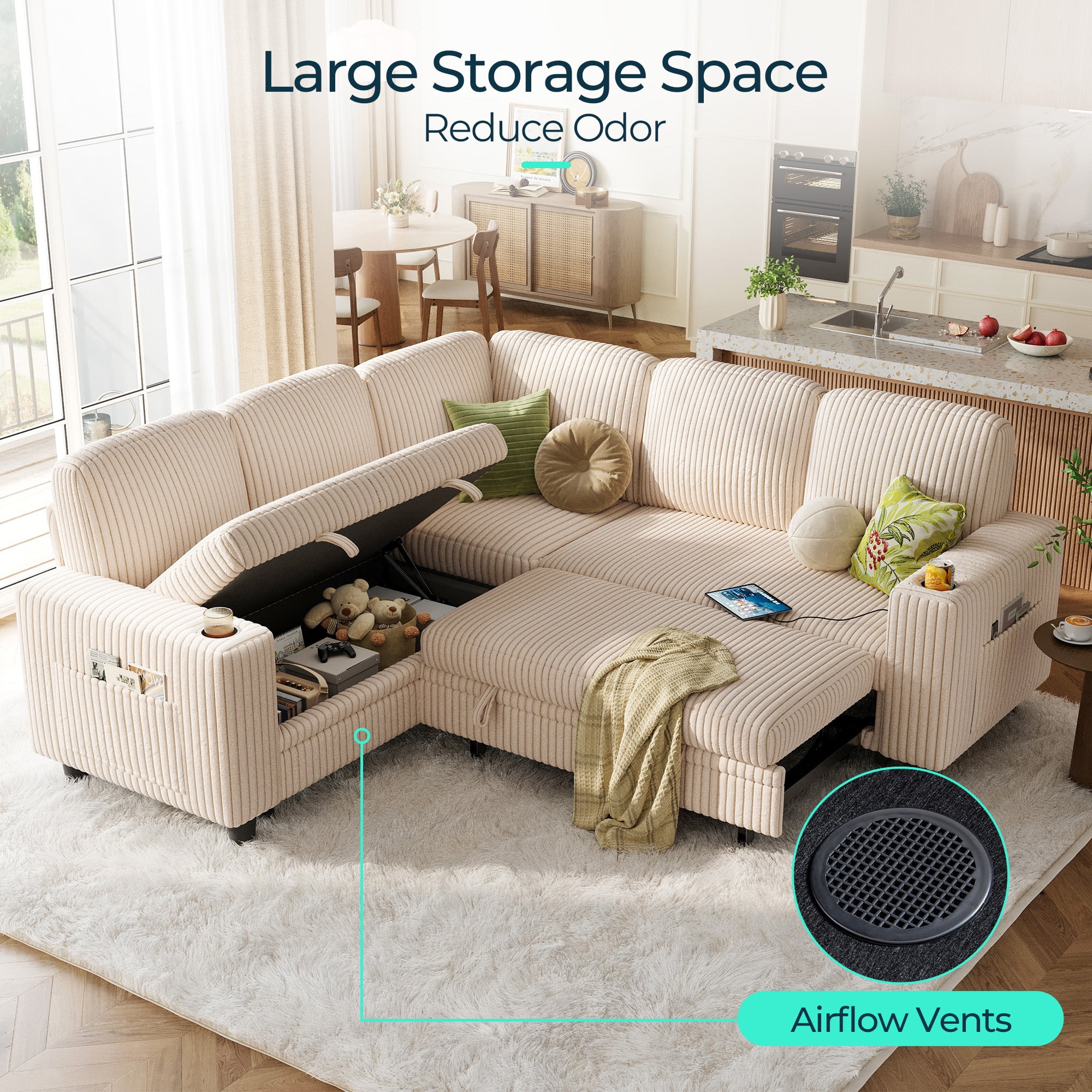 LINSY HOME 5 Seaters Sleeper Sofa Bed, Pull Out Couch Bed with Storage Ottoman, Sectional Couches for Living Room, Beige