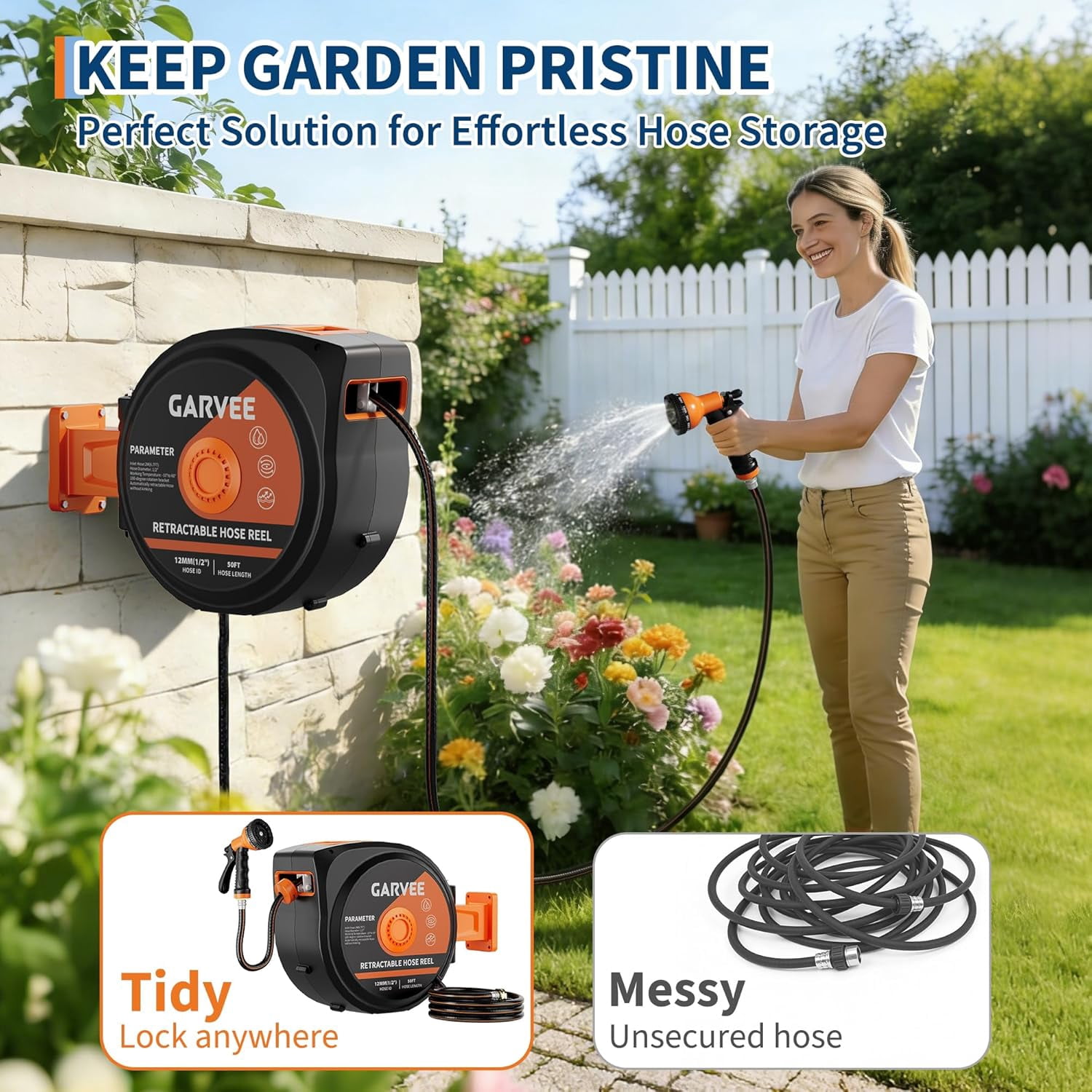 Towallmark Retractable Garden Hose Reel, 1/2" x 100 ft Wall-Mounted Heavy-Duty Hose Reel, 180° Swivel Bracket, Lock at Any Length, Slow-Rewind Return, 10-Pattern Spray Nozzle