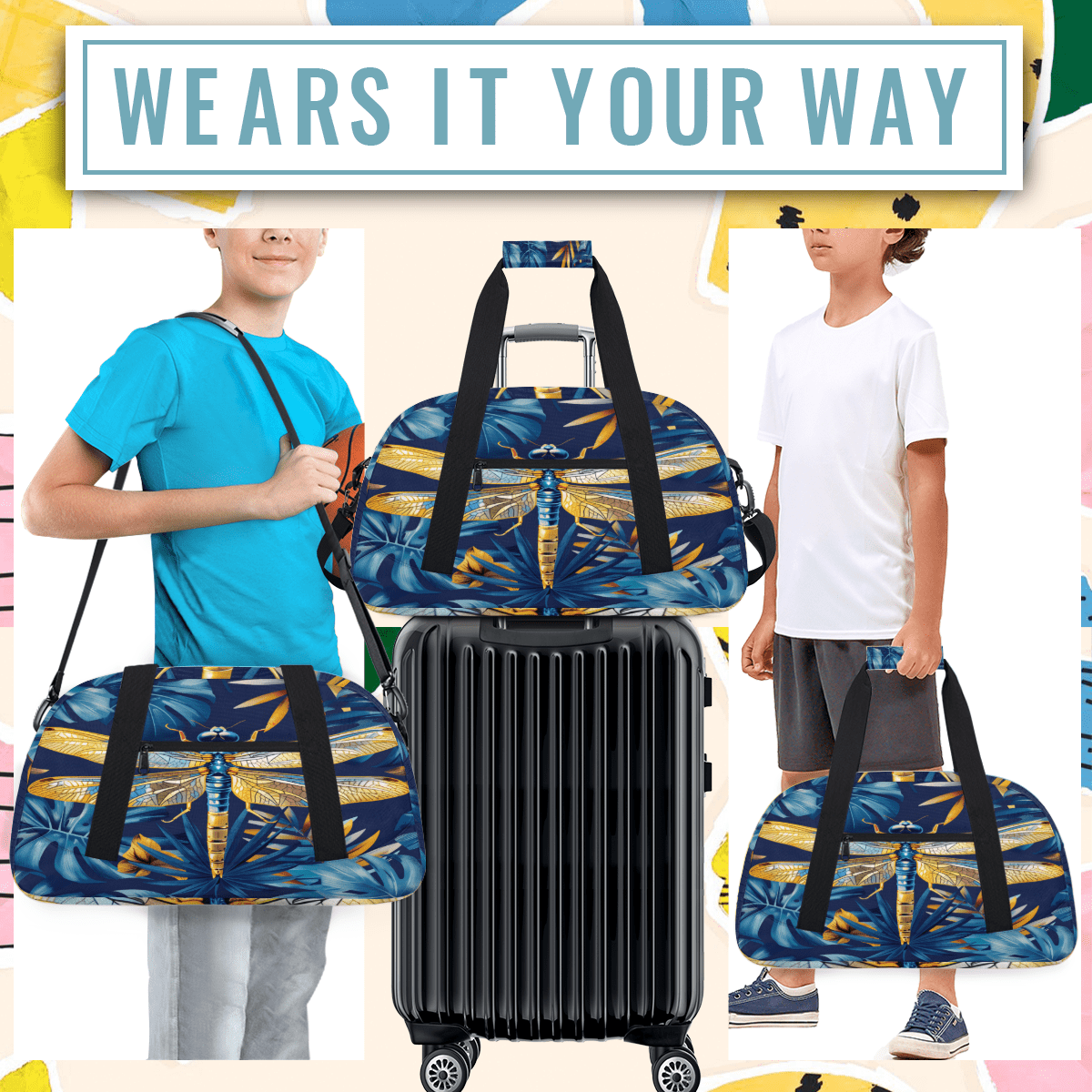 Herdesigns Dragonfly Sports Duffle Bag for Women & Men, Dragonflies Gym Bag Dance Bag Overnight Bag Carry On Weekender Travel Bag