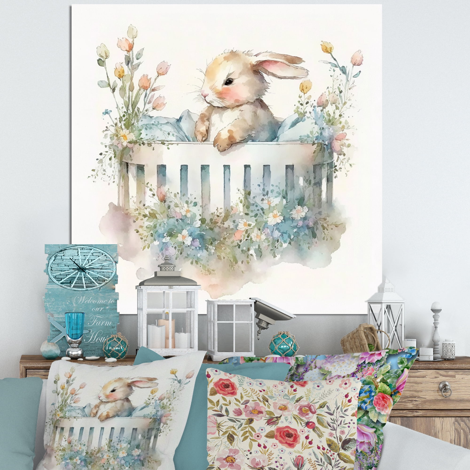 Designart Baby Bunny In Crib With Flowers II Canvas Wall Art