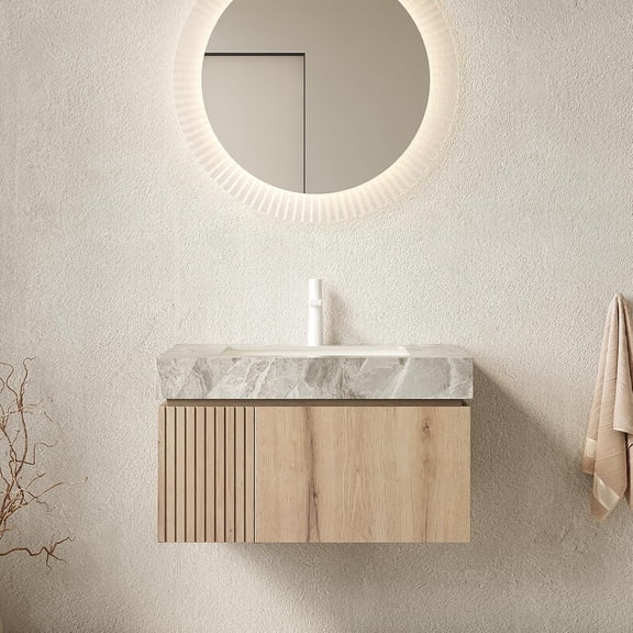 30" Bathroom Vanity with Sink, Wall Mounted with Drawer and Door, Roma Travertine-Pattern Countertop and Ceramic Basin, Pre-Assembled Cabinet