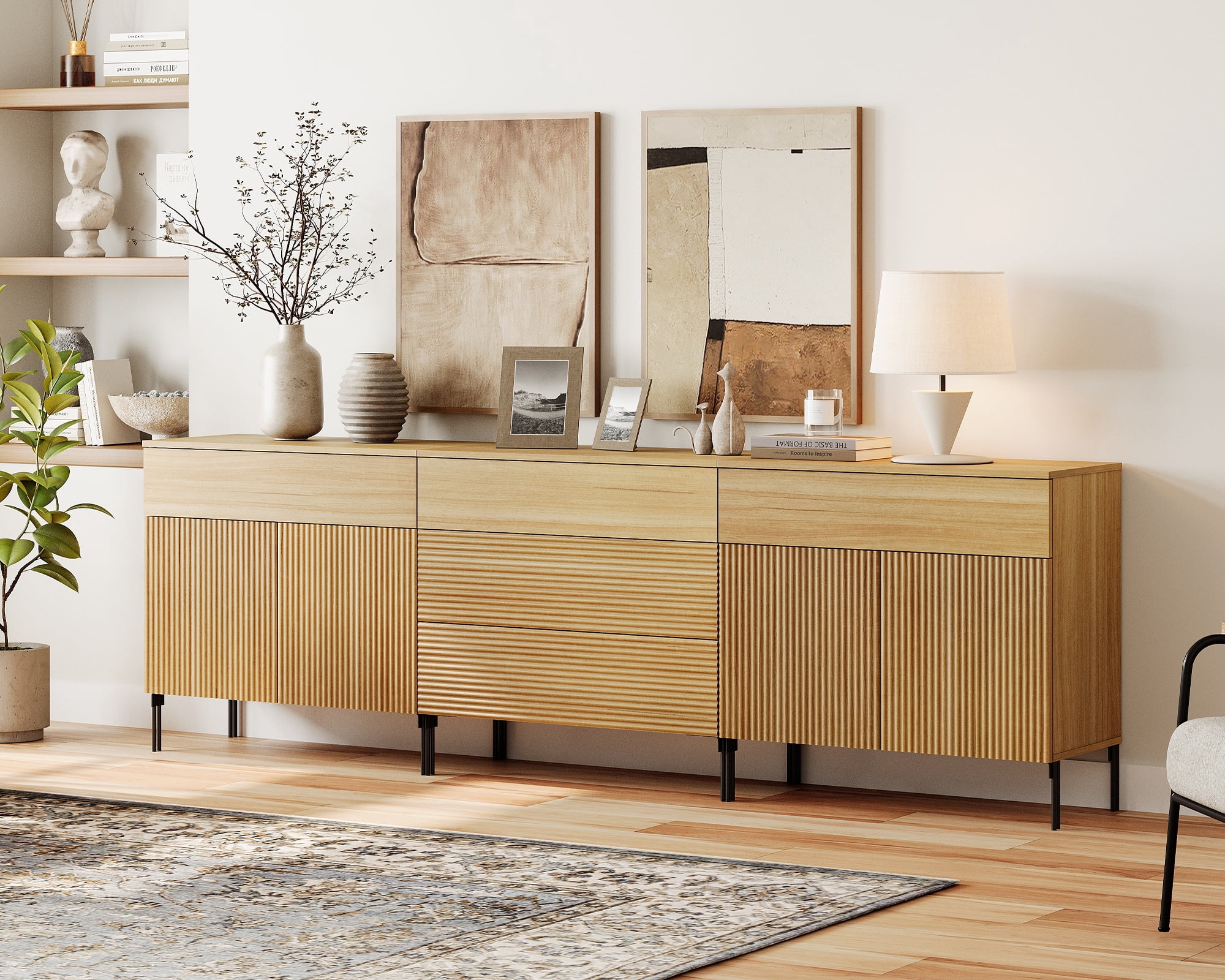 94.5" Reeded Accent Cabinet Set with Doors and Drawers, Modern Credenza Storage Cabinet with Metal Legs for Living Room, Kitchen, Dining Room, Hallway